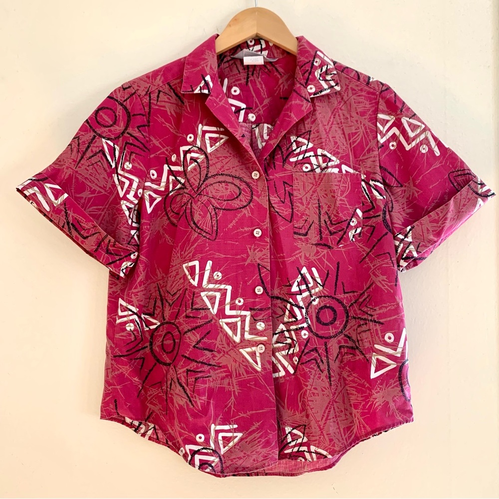 Vintage Collared Abstract Tropical Button Up Top | Size 14